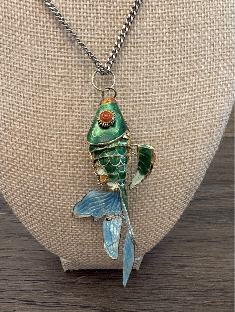 Vintage Green Articulated Koi Fish Pendant With Cloisonné Enamel Chain Necklace